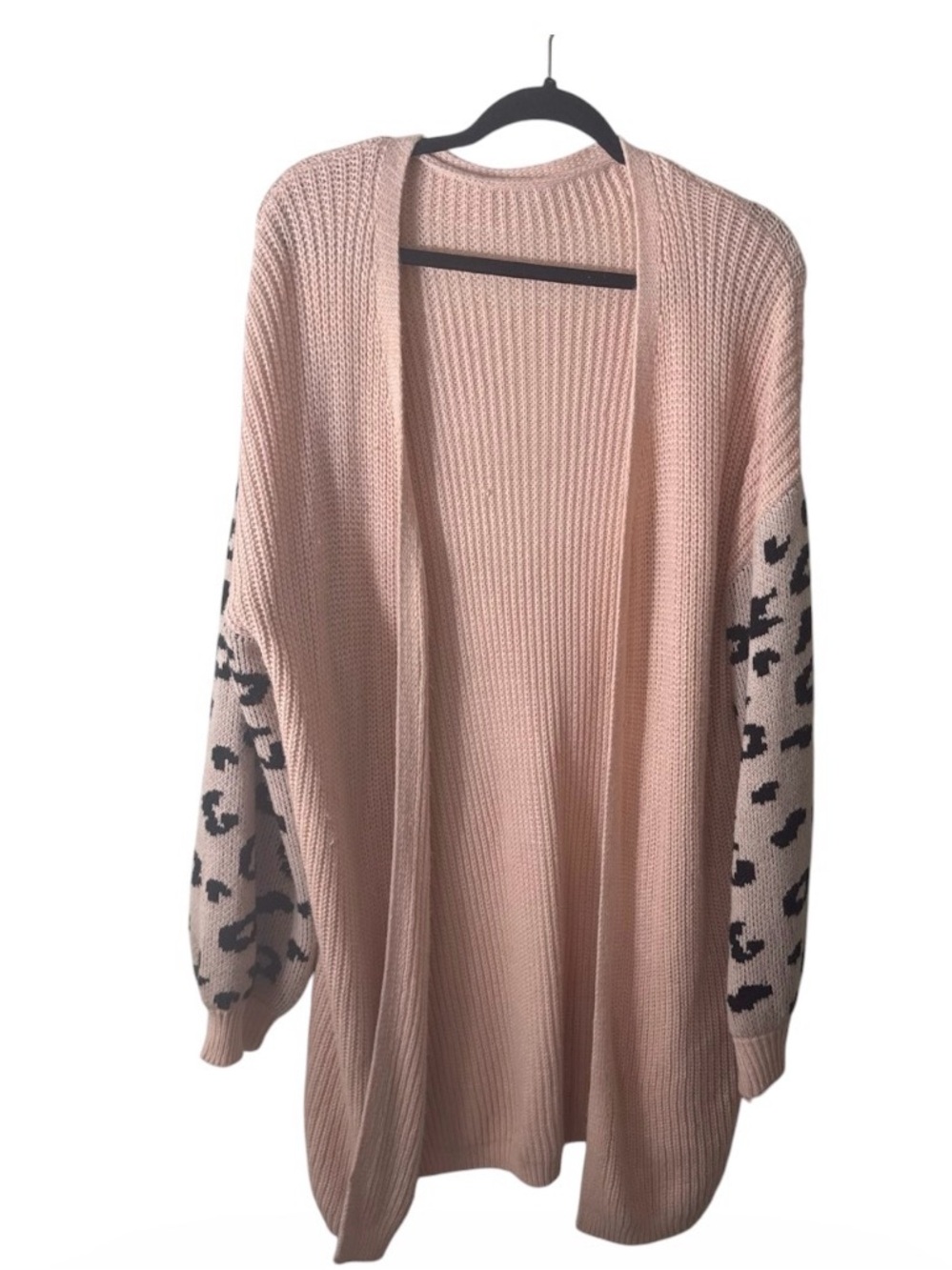 Women's Open-Front Pink Leopard Sleeve Cardigan Size Large